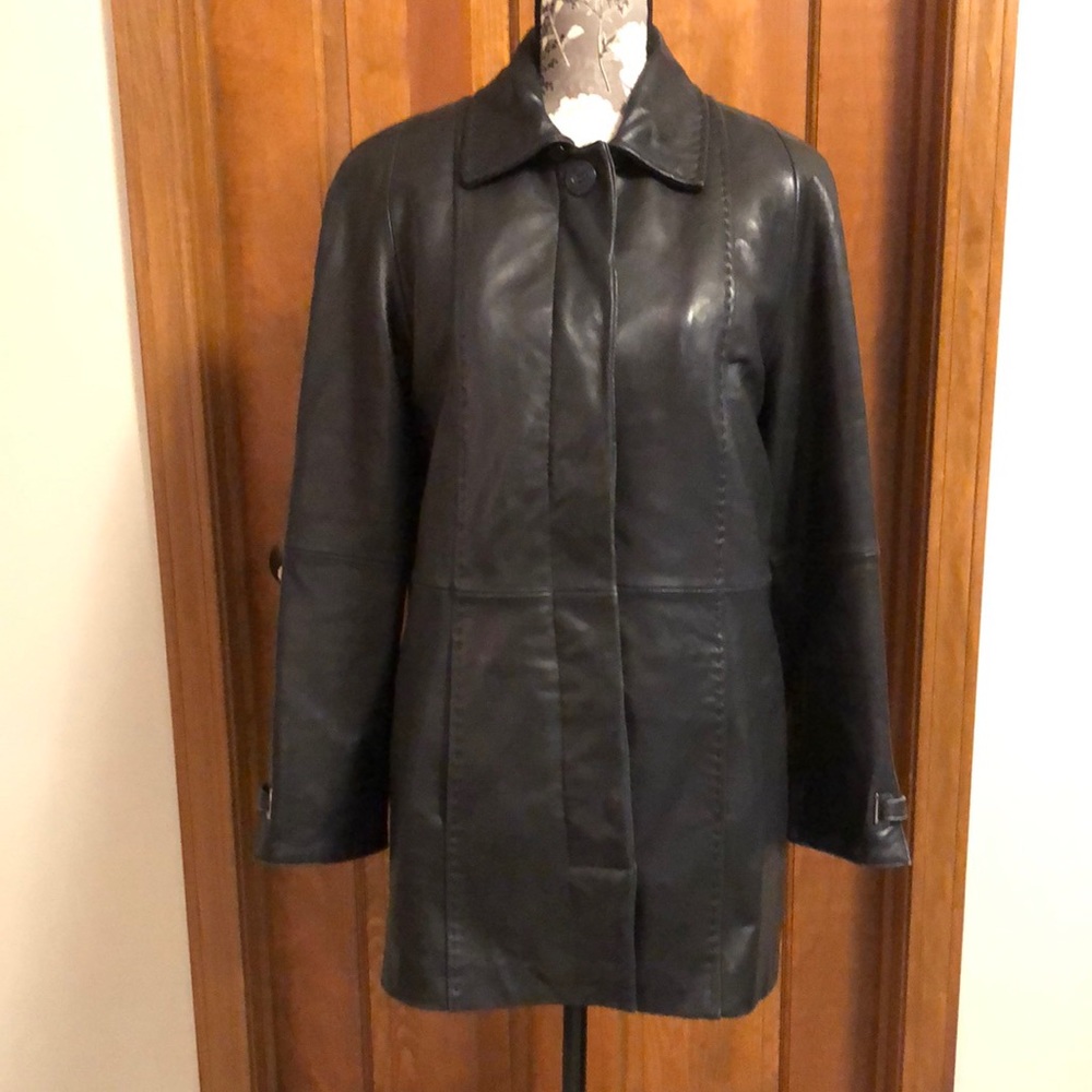 Black 100% soft leather coat with quilted zip-out lining, hits at upper thigh